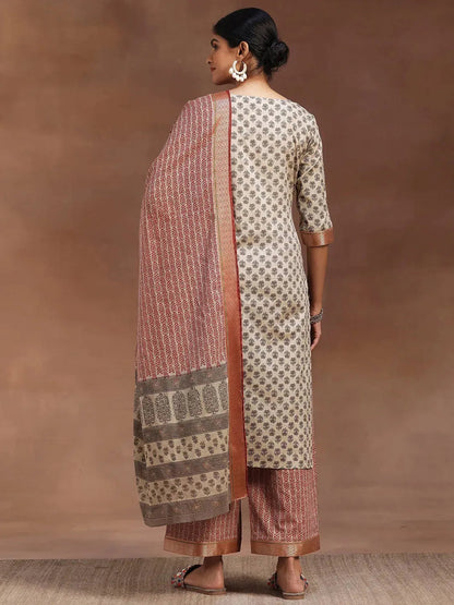 Libas Beige Printed Cotton Straight Suit With Dupatta