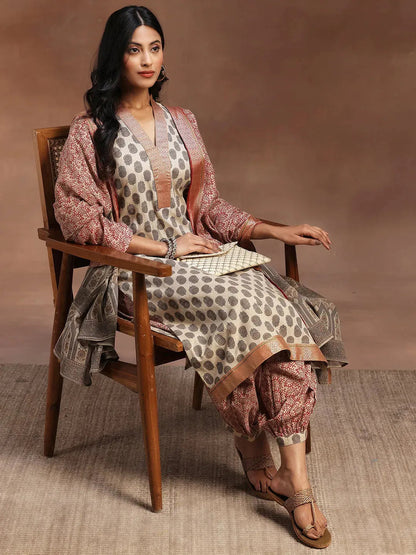 Libas Beige Printed Cotton Straight Suit With Dupatta