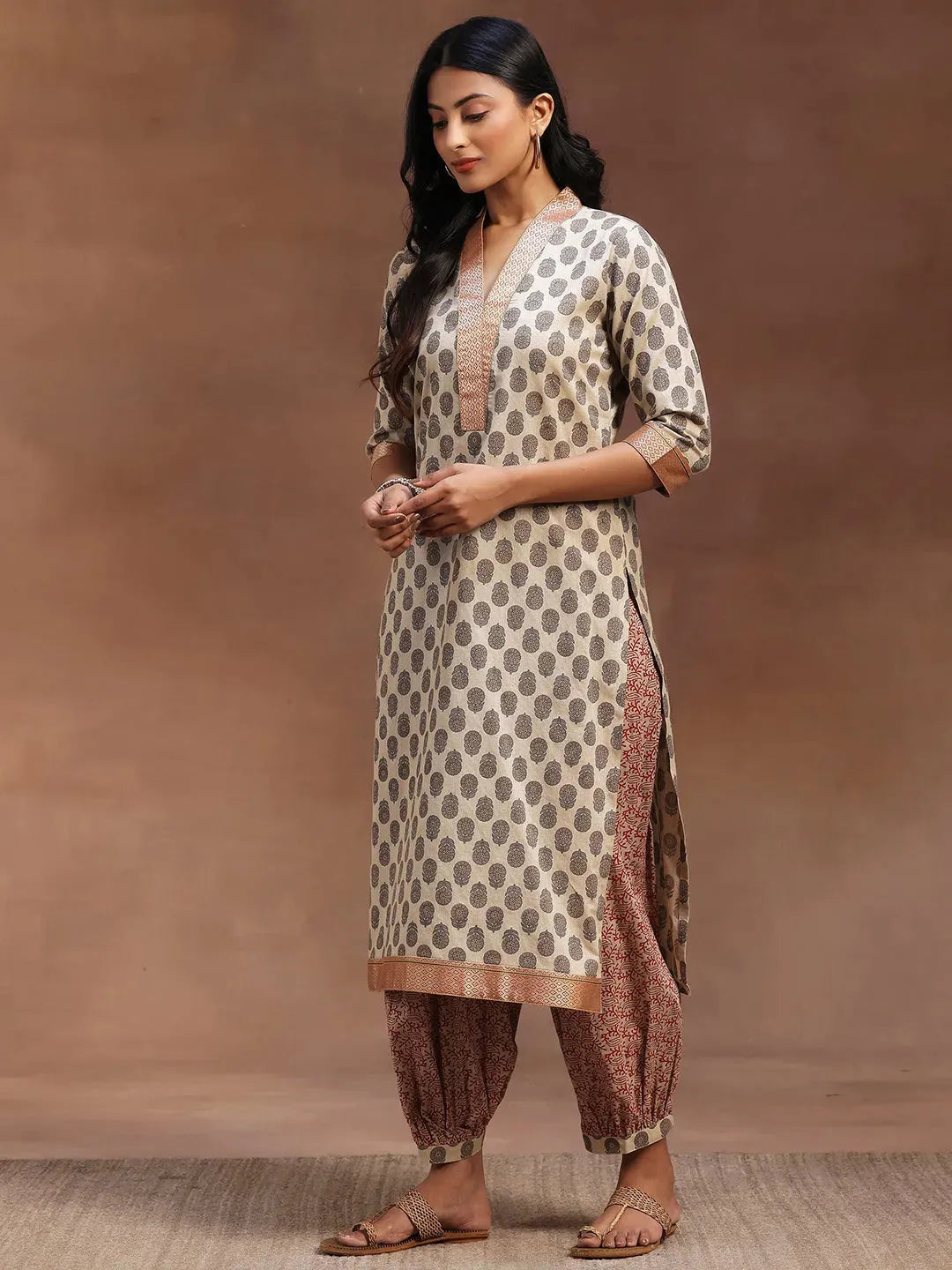 Libas Beige Printed Cotton Straight Suit With Dupatta