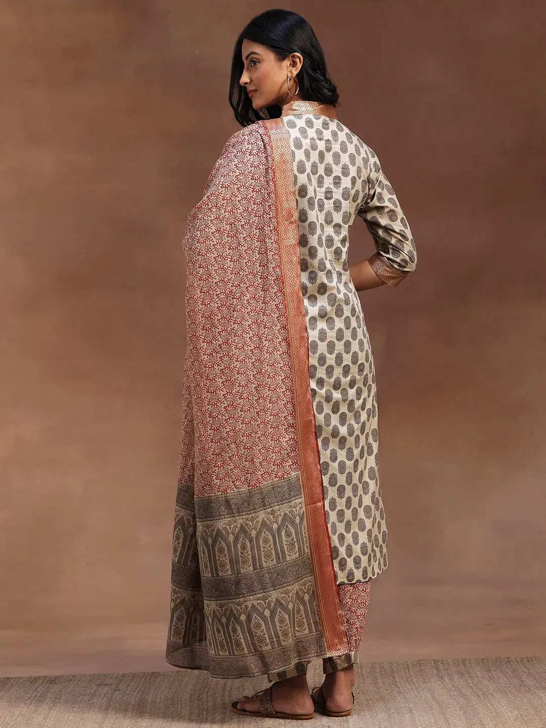 Libas Beige Printed Cotton Straight Suit With Dupatta
