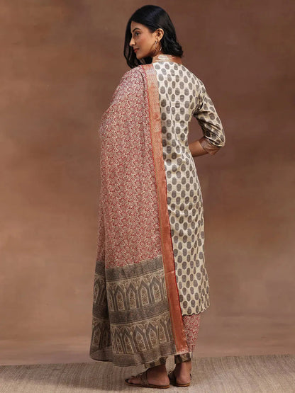Libas Beige Printed Cotton Straight Suit With Dupatta