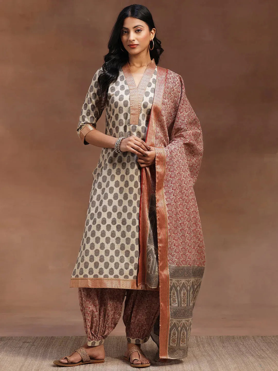 Libas Beige Printed Cotton Straight Suit With Dupatta
