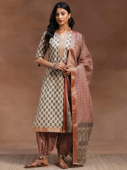 Libas Beige Printed Cotton Straight Suit With Dupatta