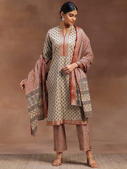 Libas Beige Printed Cotton Straight Suit With Dupatta