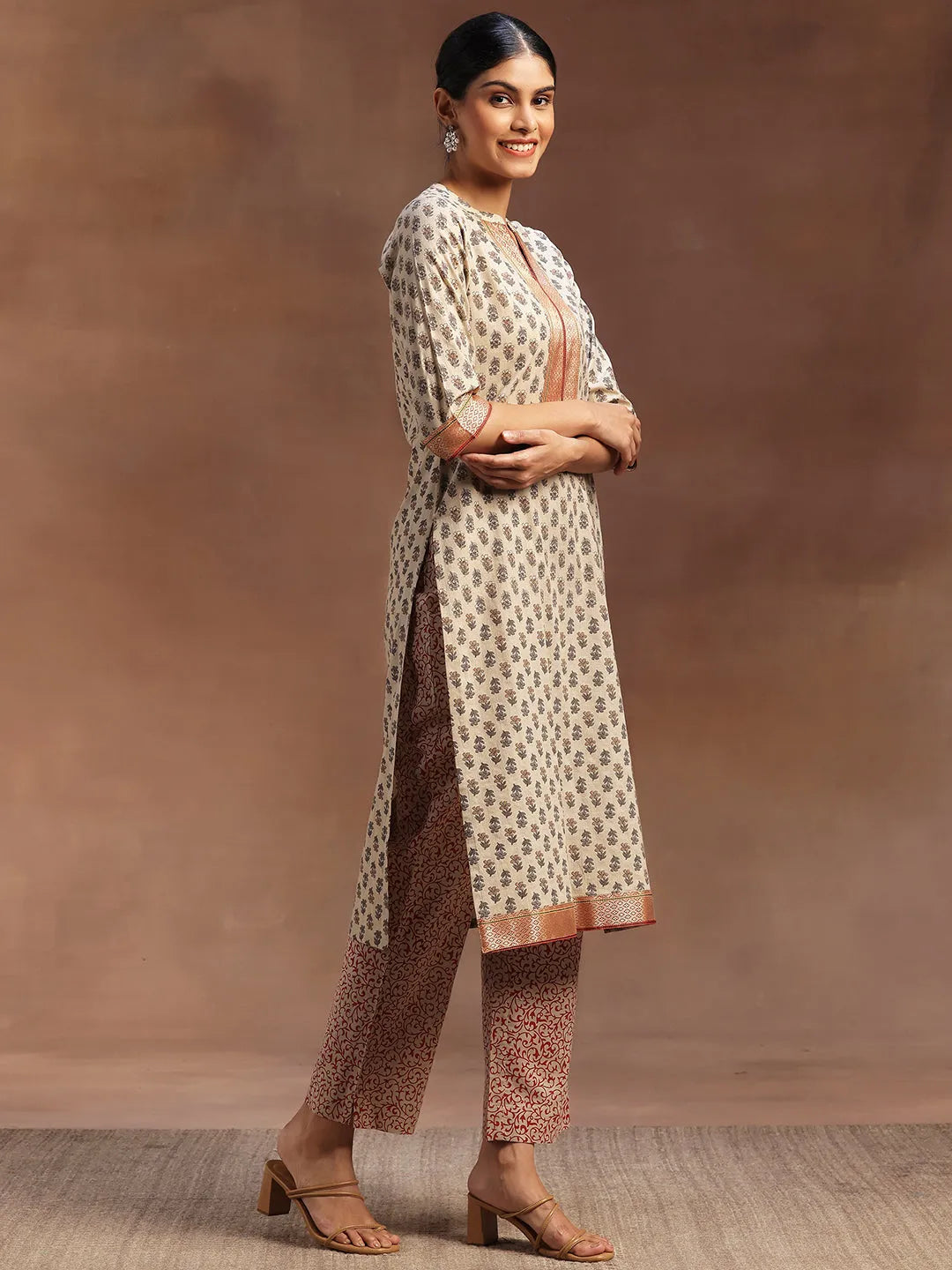 Libas Beige Printed Cotton Straight Suit With Dupatta