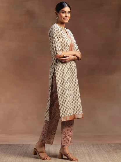 Libas Beige Printed Cotton Straight Suit With Dupatta