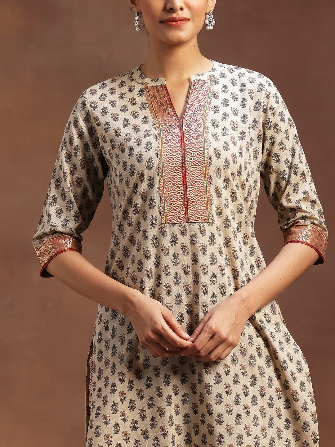 Libas Beige Printed Cotton Straight Suit With Dupatta