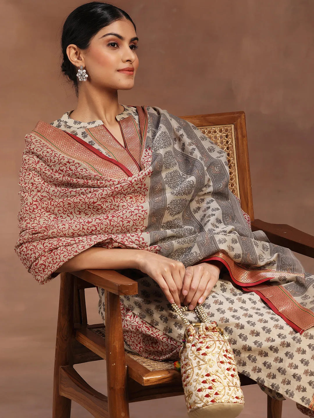 Libas Beige Printed Cotton Straight Suit With Dupatta