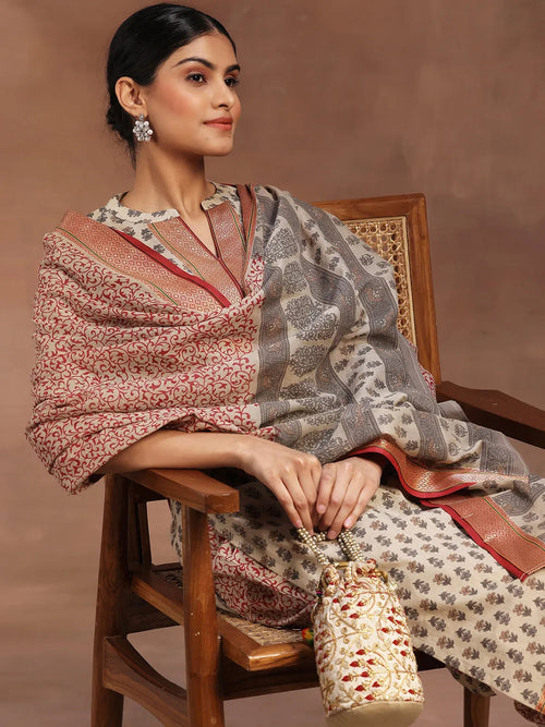 Libas Beige Printed Cotton Straight Suit With Dupatta