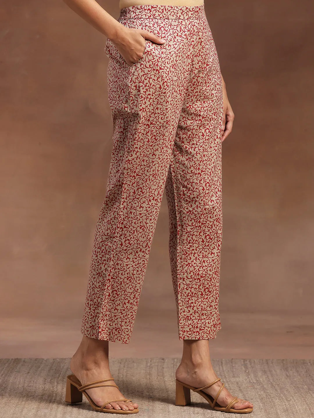 Libas Beige Printed Cotton Straight Suit With Dupatta