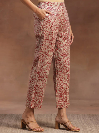 Libas Beige Printed Cotton Straight Suit With Dupatta