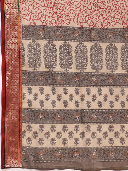 Libas Beige Printed Cotton Straight Suit With Dupatta