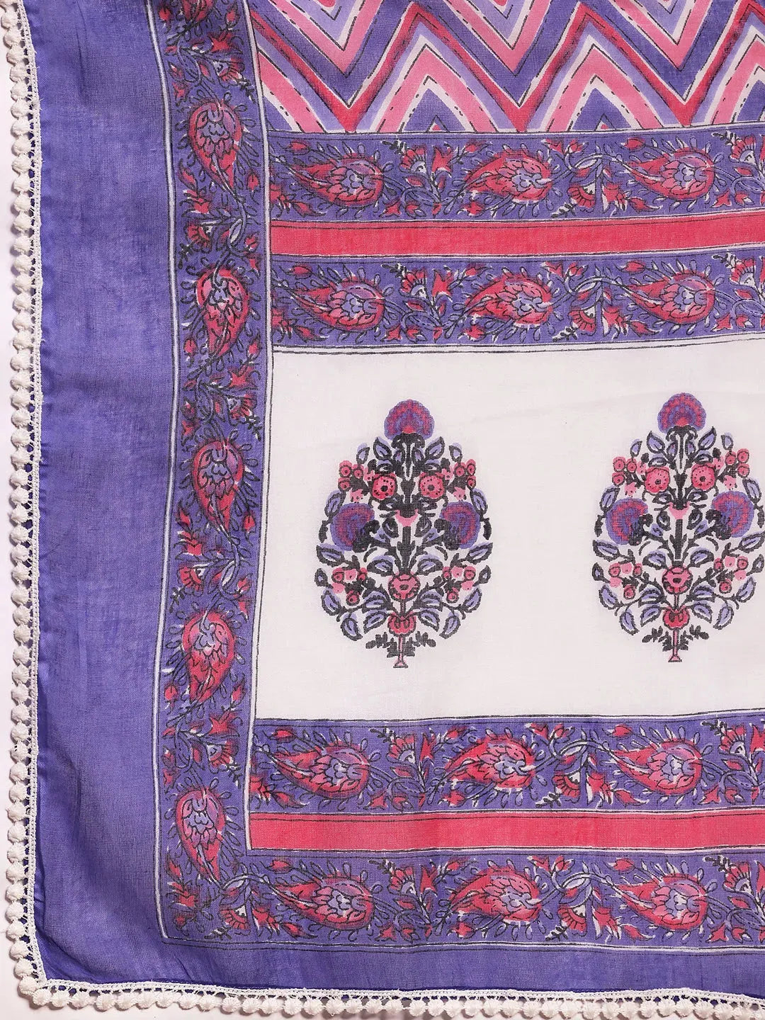 Libas Purple Printed Cotton A-line Kurta With Trousers & Dupatta