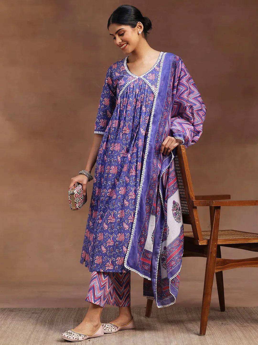 Libas Purple Printed Cotton A-line Kurta With Trousers & Dupatta