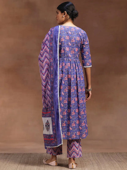 Libas Purple Printed Cotton A-line Kurta With Trousers & Dupatta