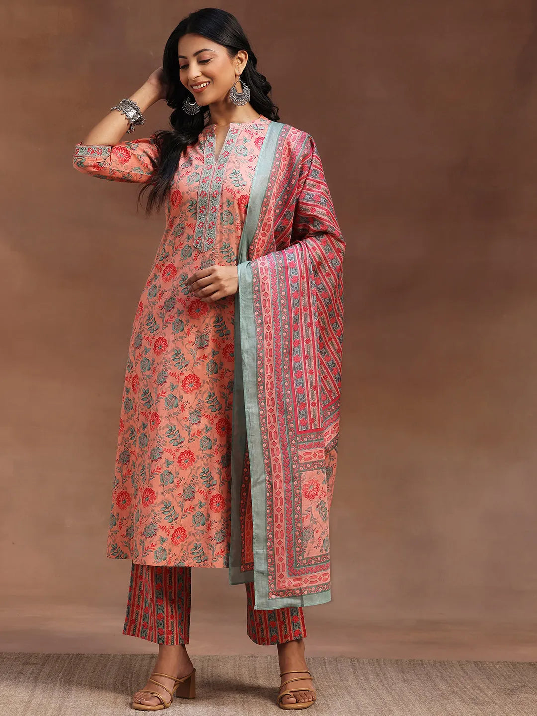 Libas Peach Printed Cotton A-line Kurta With Trousers & Dupatta