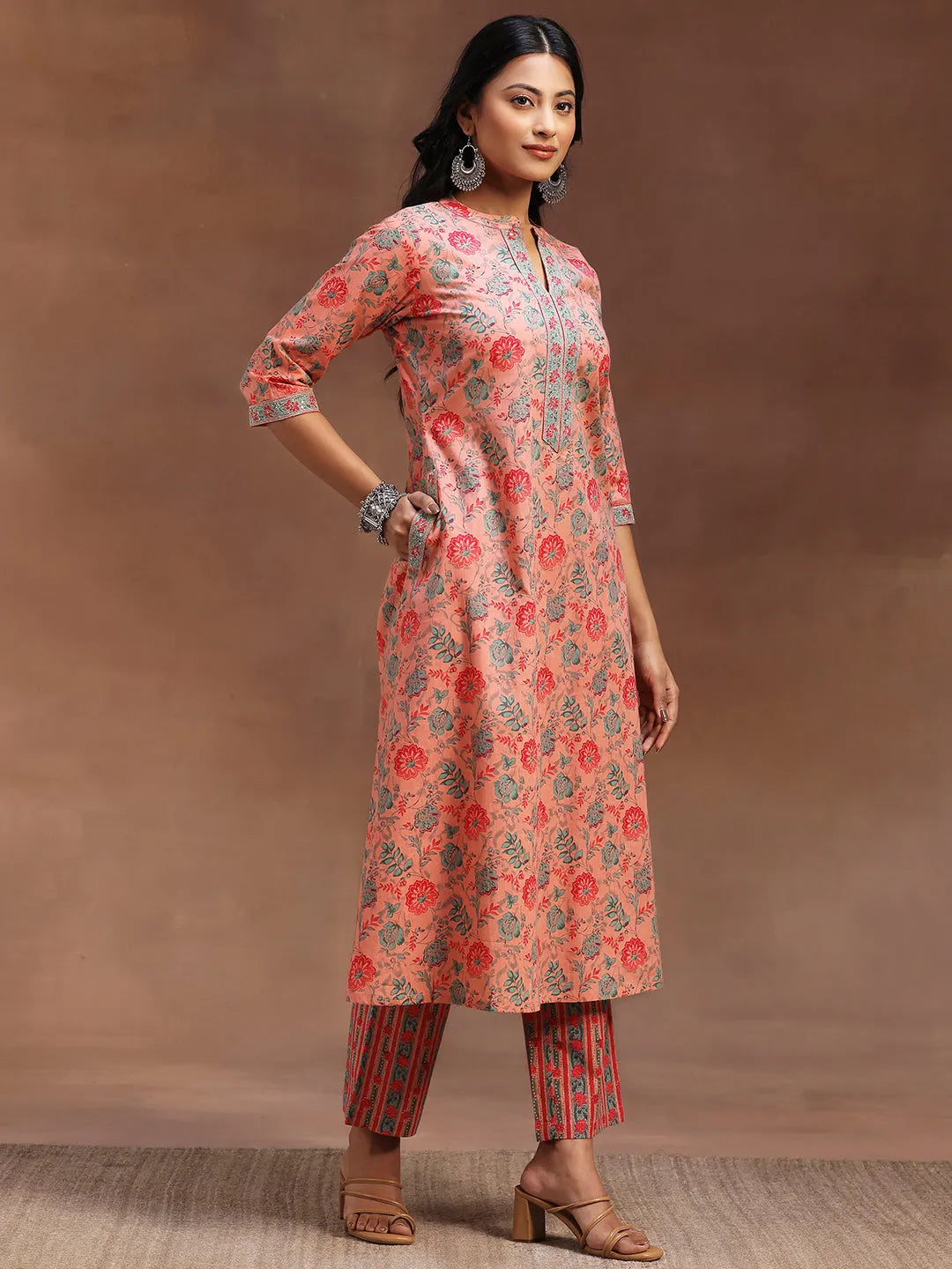 Libas Peach Printed Cotton A-line Kurta With Trousers & Dupatta