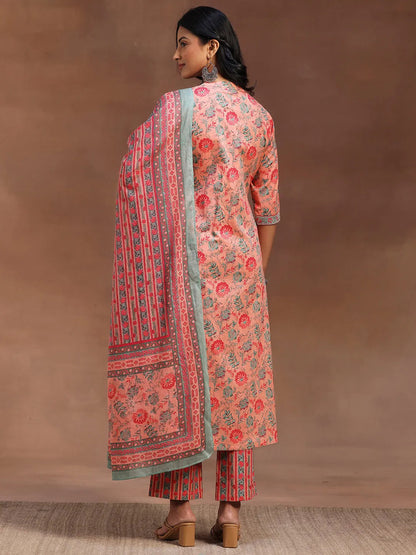 Libas Peach Printed Cotton A-line Kurta With Trousers & Dupatta