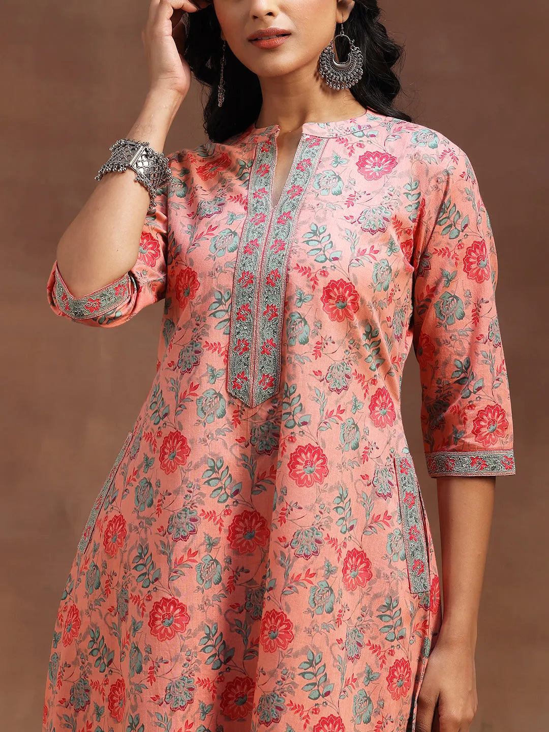 Libas Peach Printed Cotton A-line Kurta With Trousers & Dupatta