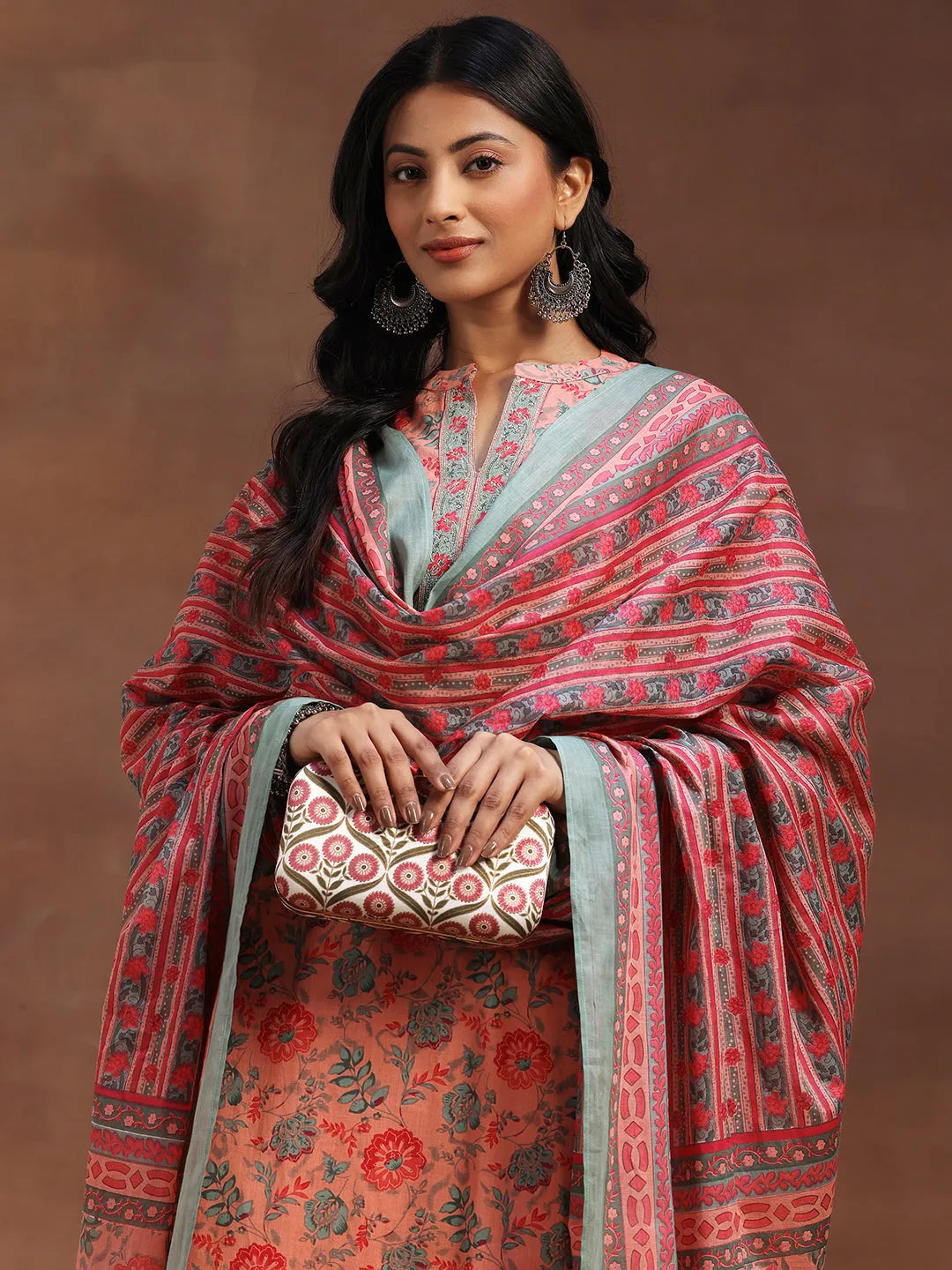 Libas Peach Printed Cotton A-line Kurta With Trousers & Dupatta