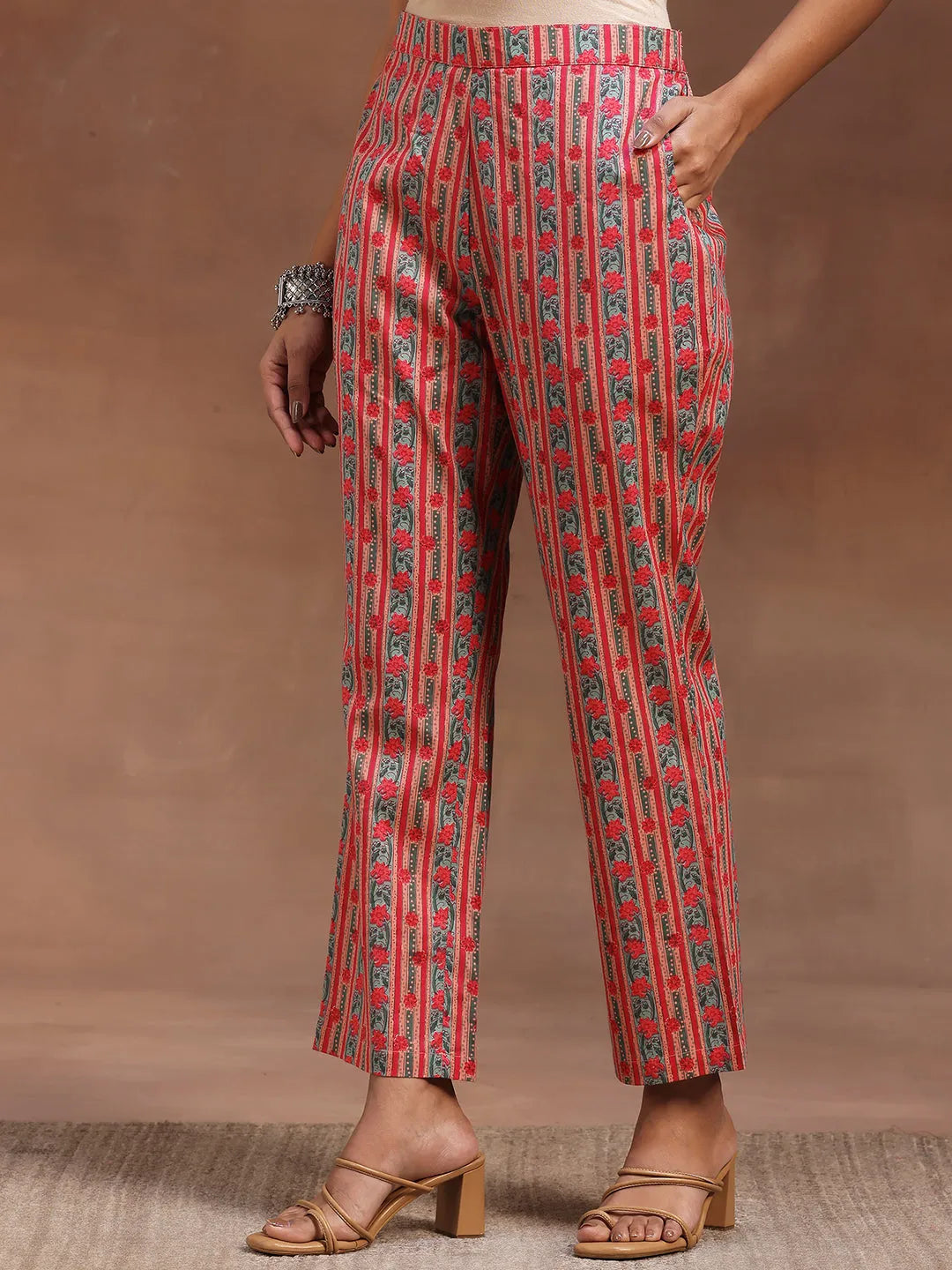 Libas Peach Printed Cotton A-line Kurta With Trousers & Dupatta