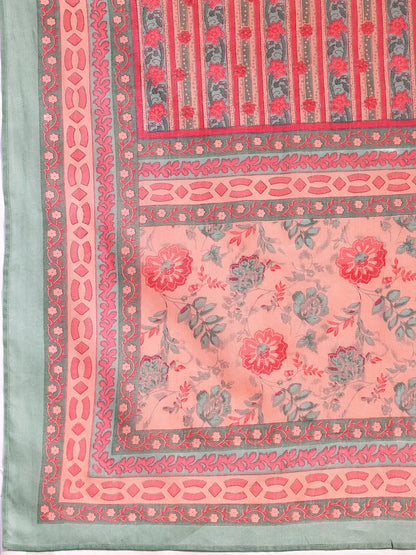 Libas Peach Printed Cotton A-line Kurta With Trousers & Dupatta