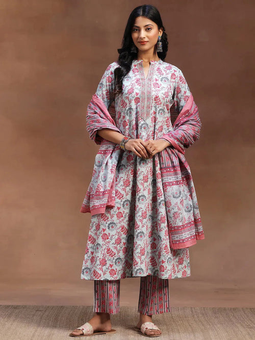 Libas Light Blue Printed Cotton A-line Kurta With Trousers & Dupatta