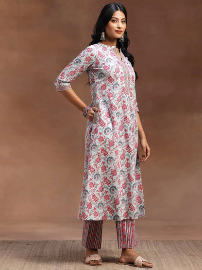 Libas Light Blue Printed Cotton A-line Kurta With Trousers & Dupatta