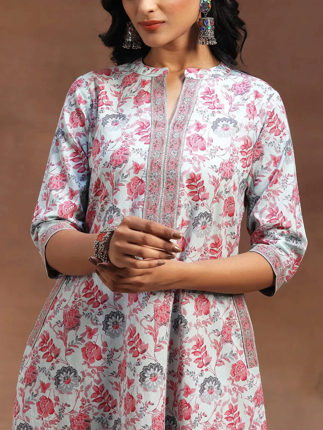 Libas Light Blue Printed Cotton A-line Kurta With Trousers & Dupatta