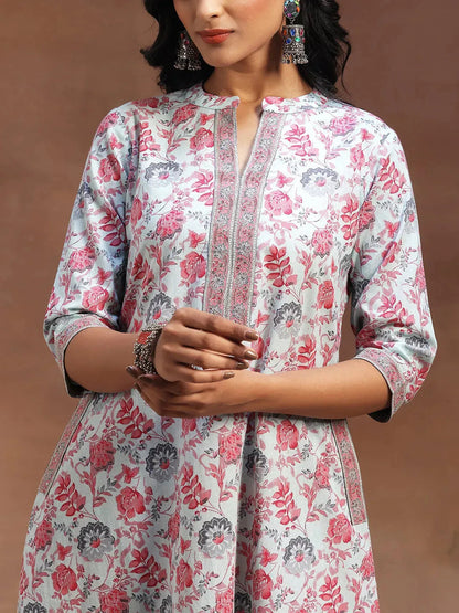 Libas Light Blue Printed Cotton A-line Kurta With Trousers & Dupatta