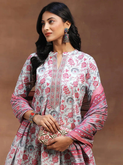 Libas Light Blue Printed Cotton A-line Kurta With Trousers & Dupatta
