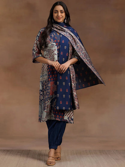 Gerua Blue Printed Silk Blend Straight Suit With Dupatta
