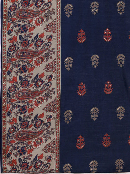 Gerua Blue Printed Silk Blend Straight Suit With Dupatta