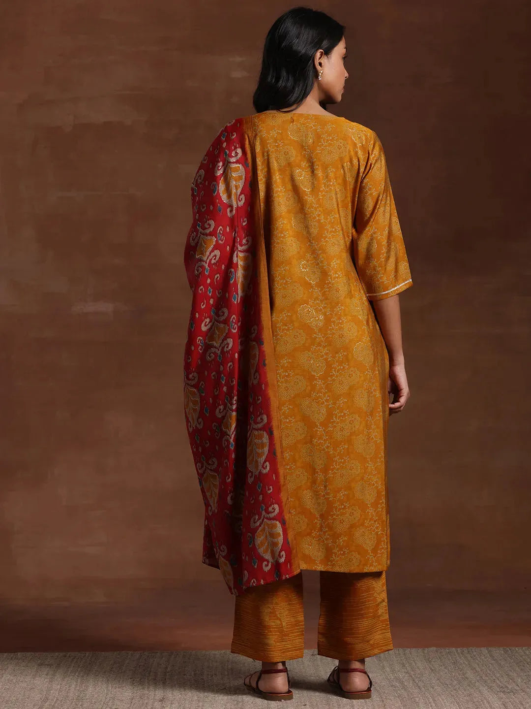 Libas Mustard Printed Silk Blend Straight Suit With Dupatta