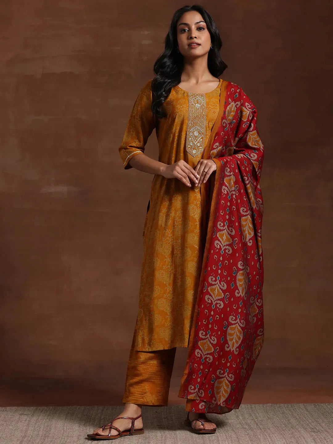 Libas Mustard Printed Silk Blend Straight Suit With Dupatta