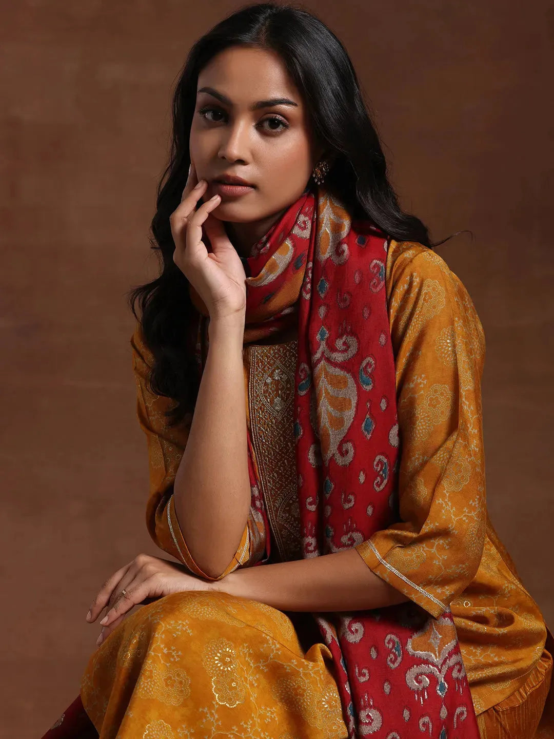 Libas Mustard Printed Silk Blend Straight Suit With Dupatta