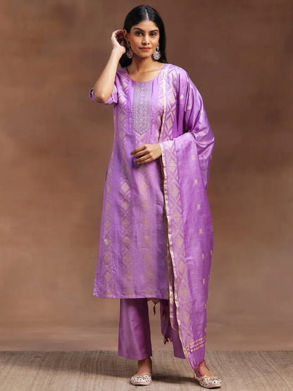 Gerua Purple Woven Design Chanderi Silk Straight Suit With Dupatta