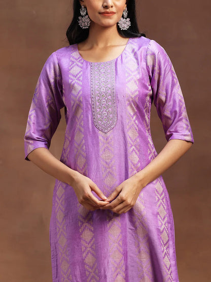 Gerua Purple Woven Design Chanderi Silk Straight Suit With Dupatta
