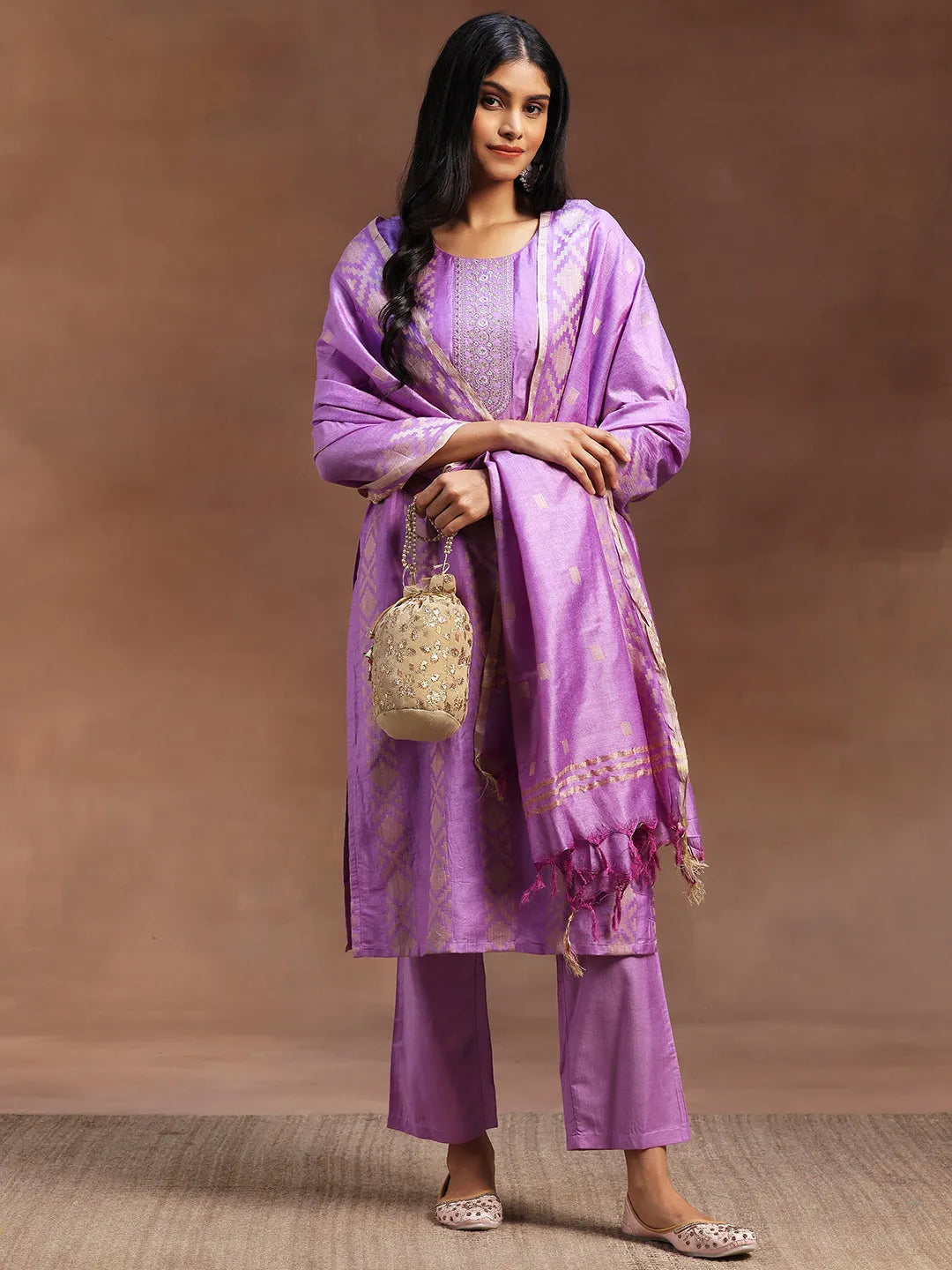 Gerua Purple Woven Design Chanderi Silk Straight Suit With Dupatta