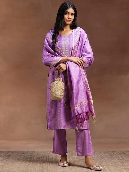 Gerua Purple Woven Design Chanderi Silk Straight Suit With Dupatta