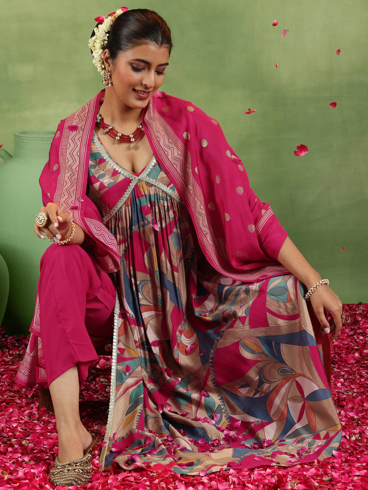 Libas Pink Printed Silk Blend A-Line Kurta With Trousers & Dupatta