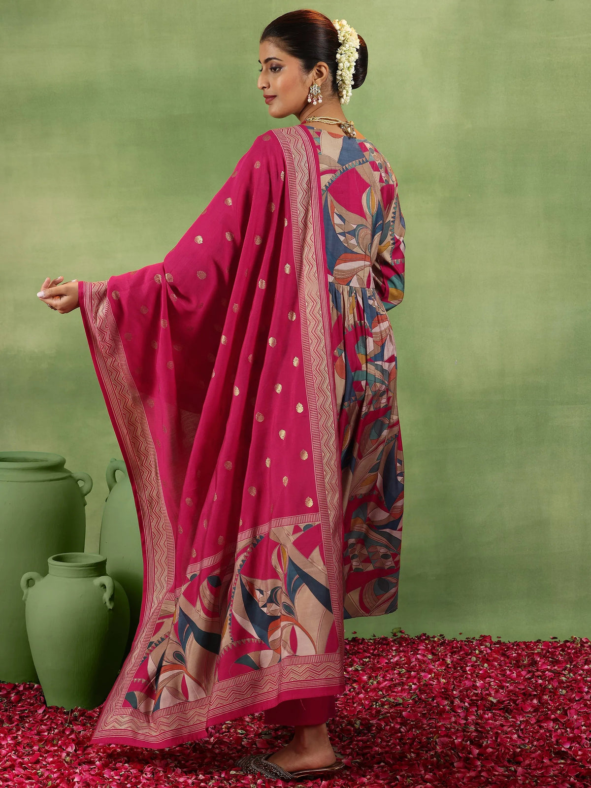 Libas Pink Printed Silk Blend A-Line Kurta With Trousers & Dupatta