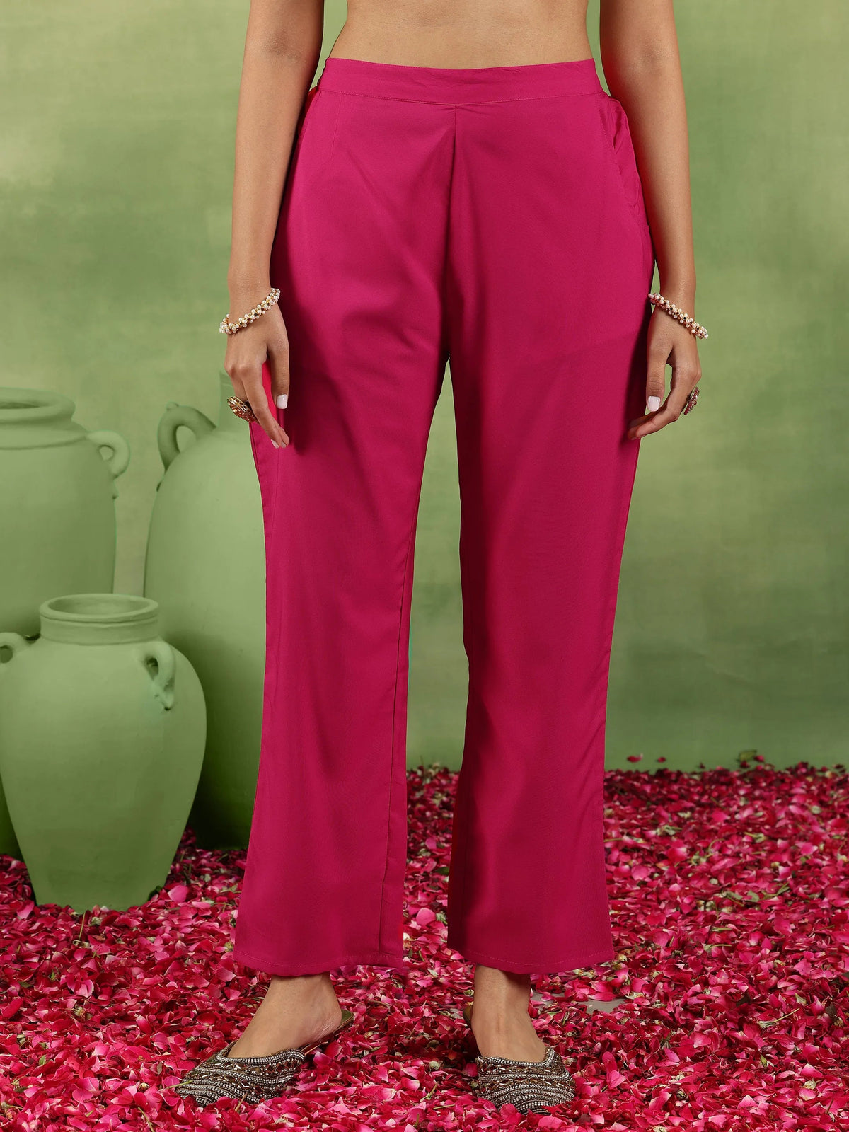 Libas Pink Printed Silk Blend A-Line Kurta With Trousers & Dupatta