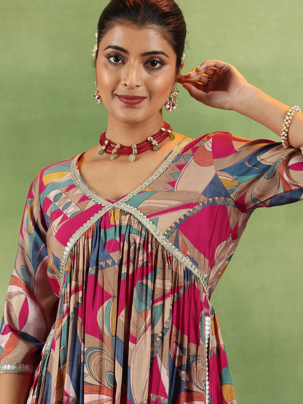 Libas Pink Printed Silk Blend A-Line Kurta With Trousers & Dupatta