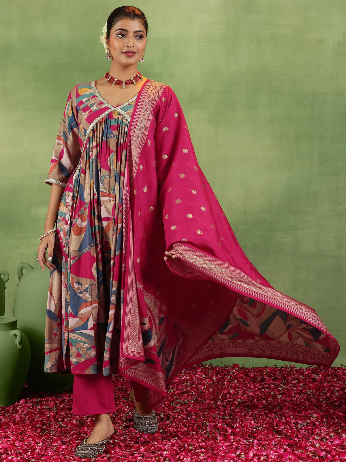 Libas Pink Printed Silk Blend A-Line Kurta With Trousers & Dupatta