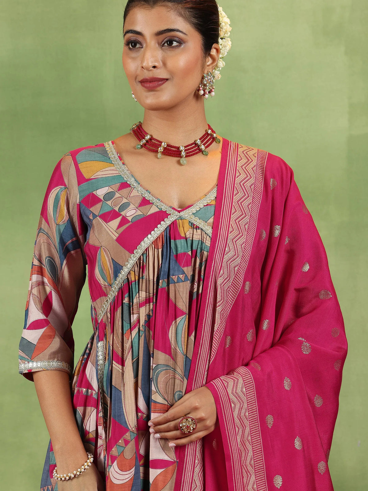 Libas Pink Printed Silk Blend A-Line Kurta With Trousers & Dupatta