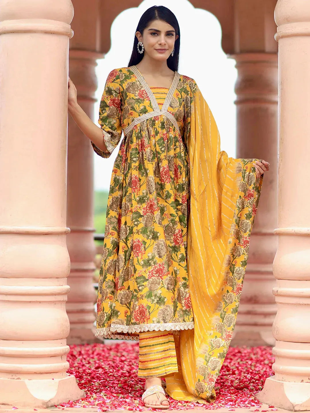 Gerua Yellow Printed Silk Blend A-Line Kurta With Trousers & Dupatta