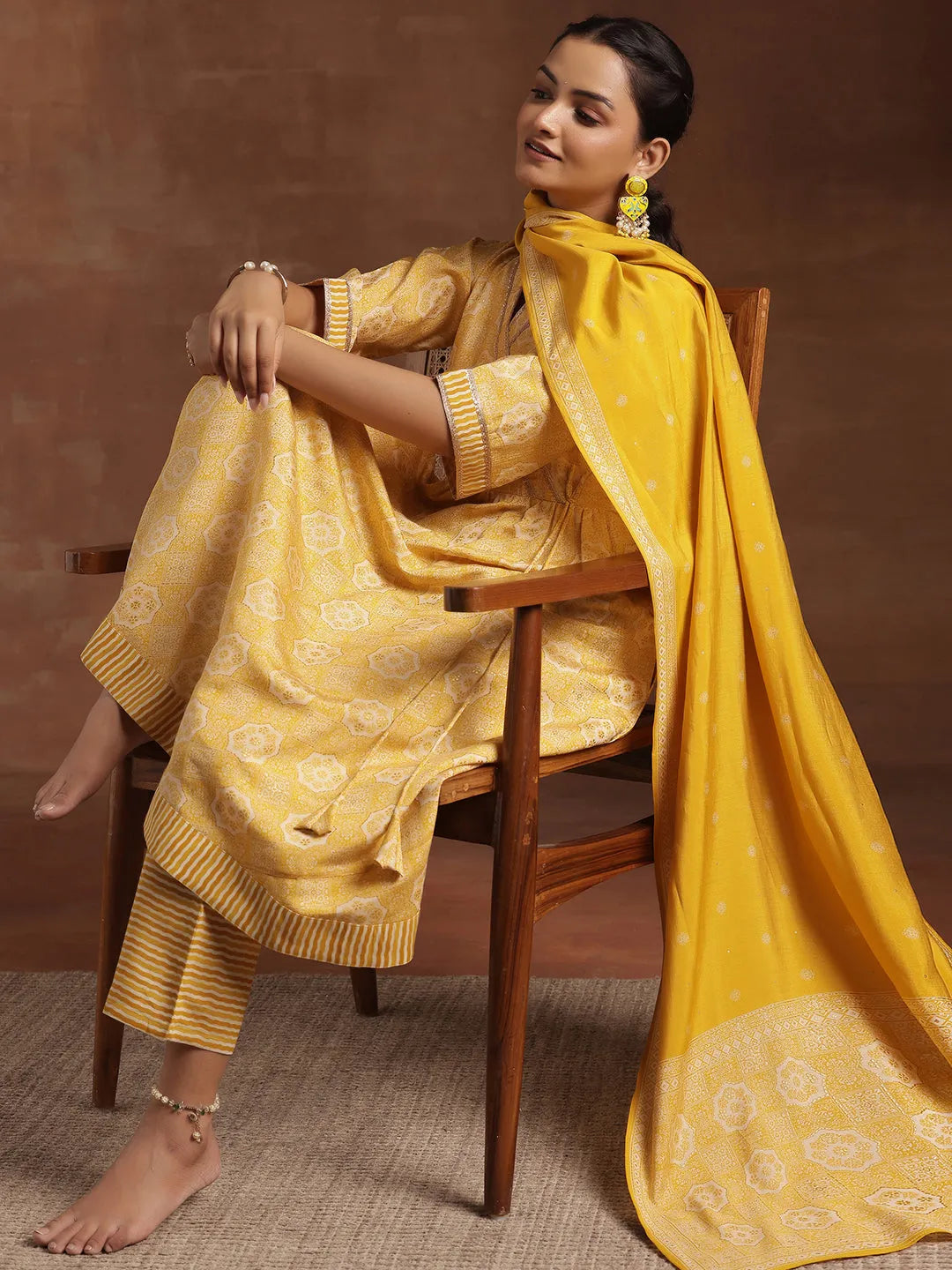 Gerua Yellow Printed Silk Blend Anarkali Suit With Dupatta