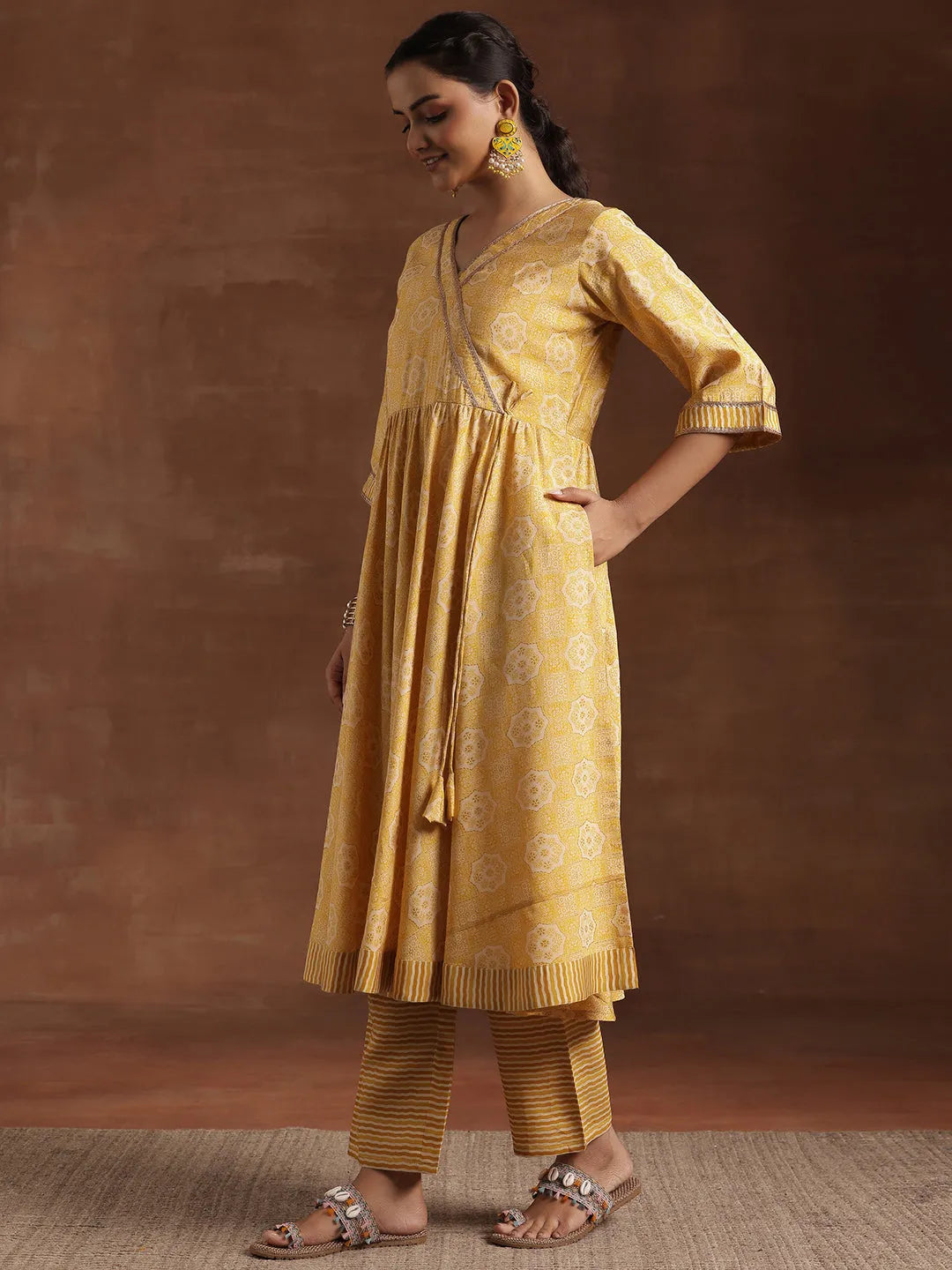 Gerua Yellow Printed Silk Blend Anarkali Suit With Dupatta