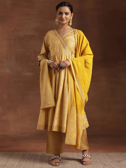 Gerua Yellow Printed Silk Blend Anarkali Suit With Dupatta